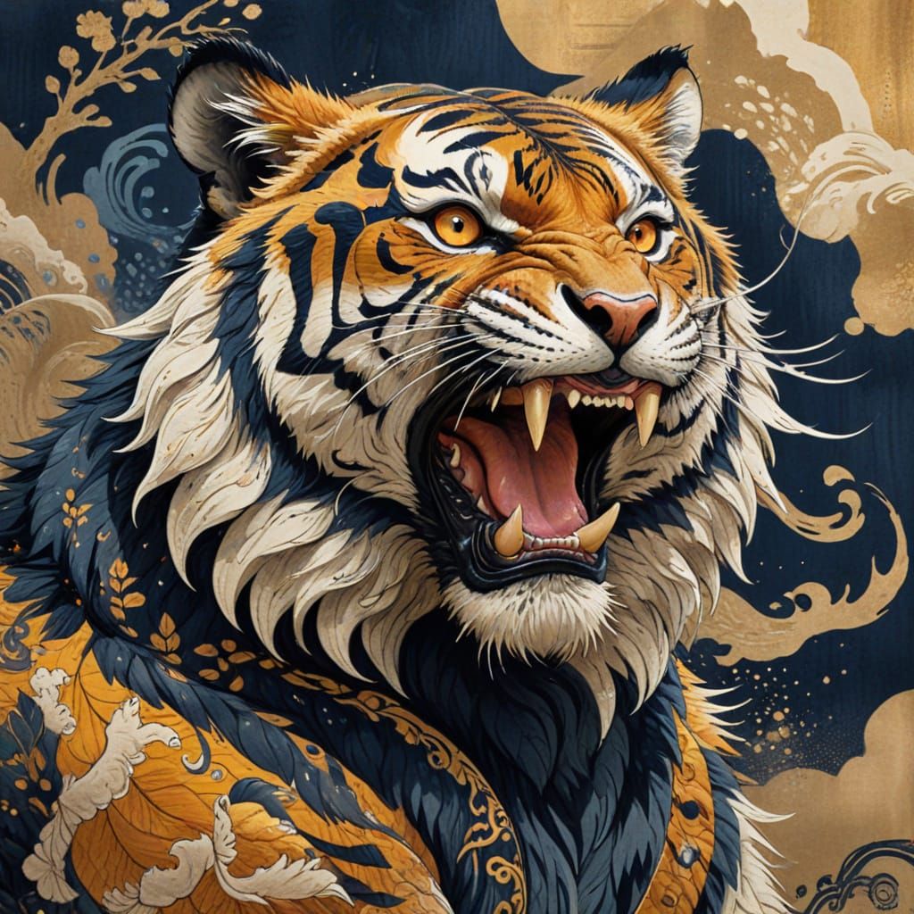 Roaring Tiger in Japanese Woodblock Print Style