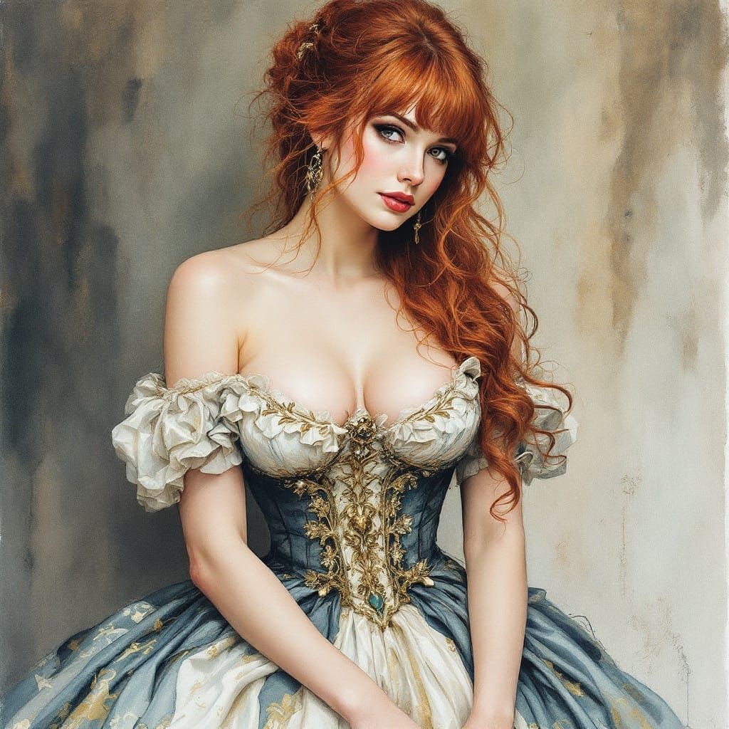 Elegant Post-Impressionist Watercolor Portrait of a Red-Hair...