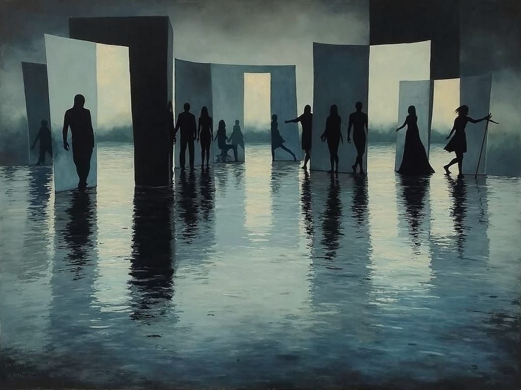 Fragmented Realities and Wandering Souls in Azure Hues