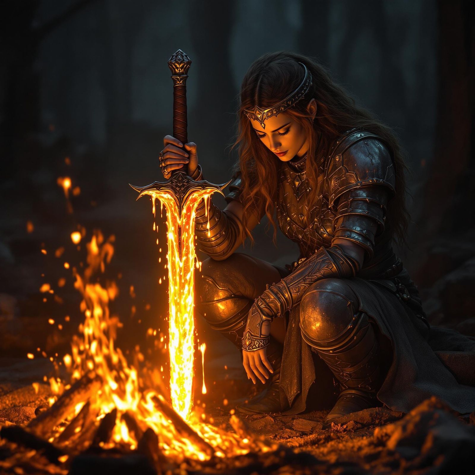 Fantasy Warrior Praying with Glowing Sword