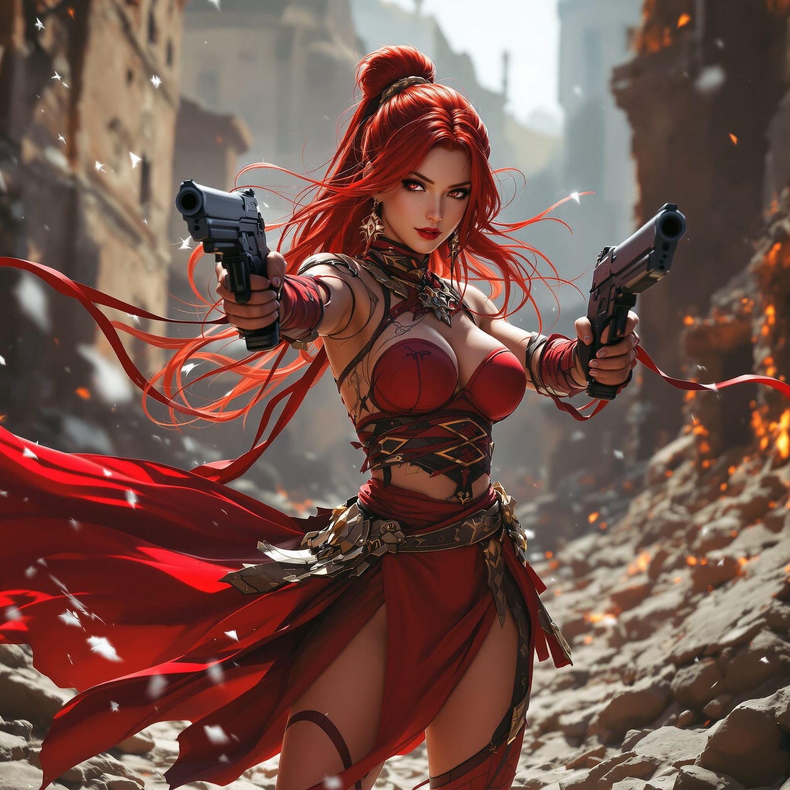 Warrior Woman with Guns Drawn in Red Combat Outfit
