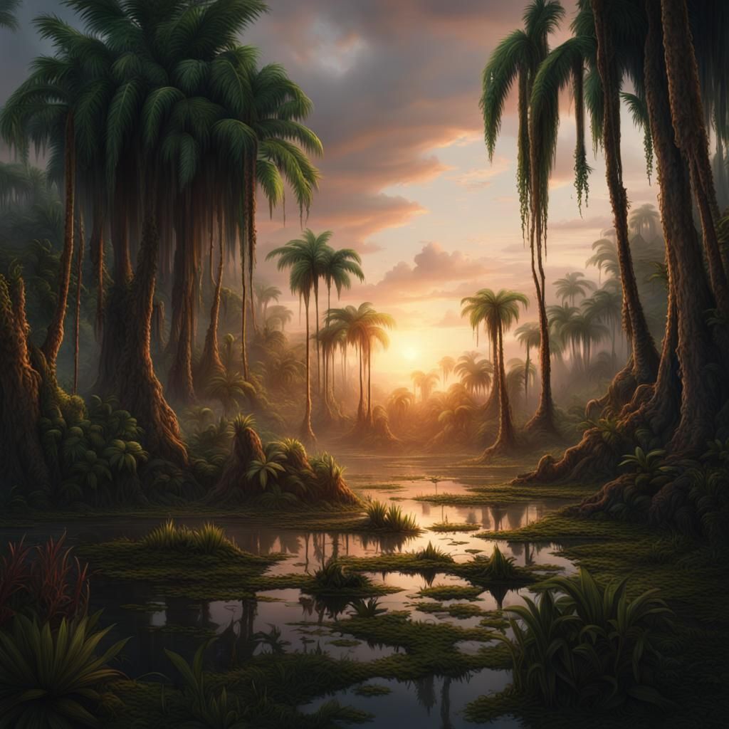 Tropical Swamp Sunrise: Digital Matte Painting