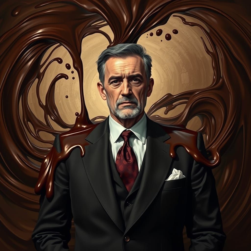 Elegant Man Submerged in Dark Chocolate Vortex
