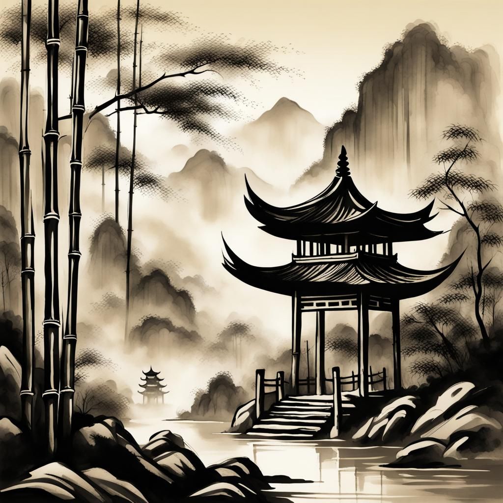 Chinese Ink Painting of Bamboo Forest Shrine