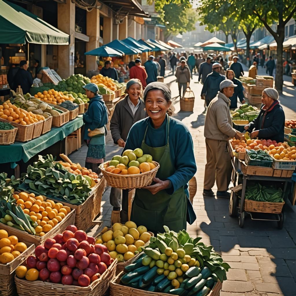 Vibrant Market Scene with Fruit Vendor in Morning Light