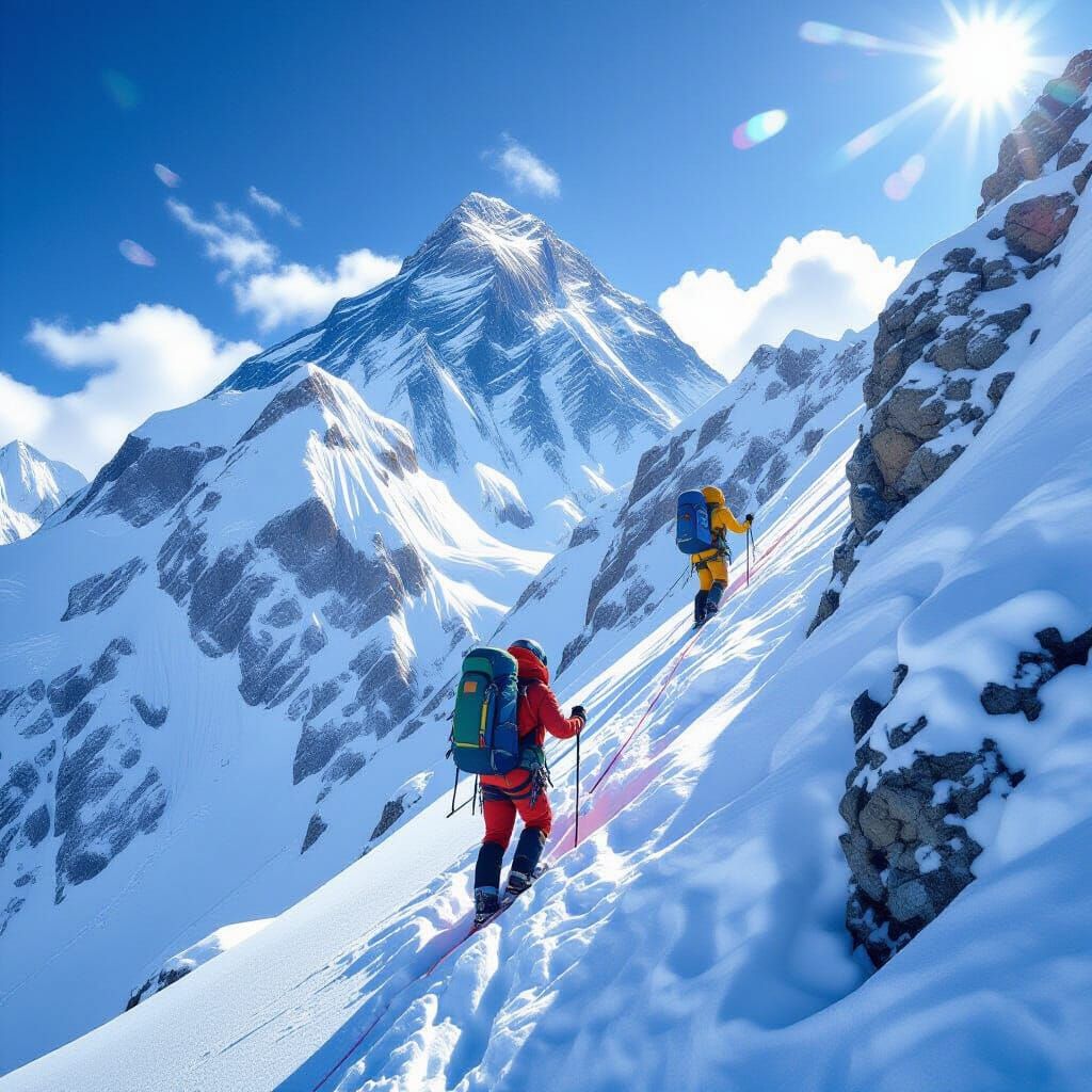 Everest Climber Ascends Peak in Digital Art Style