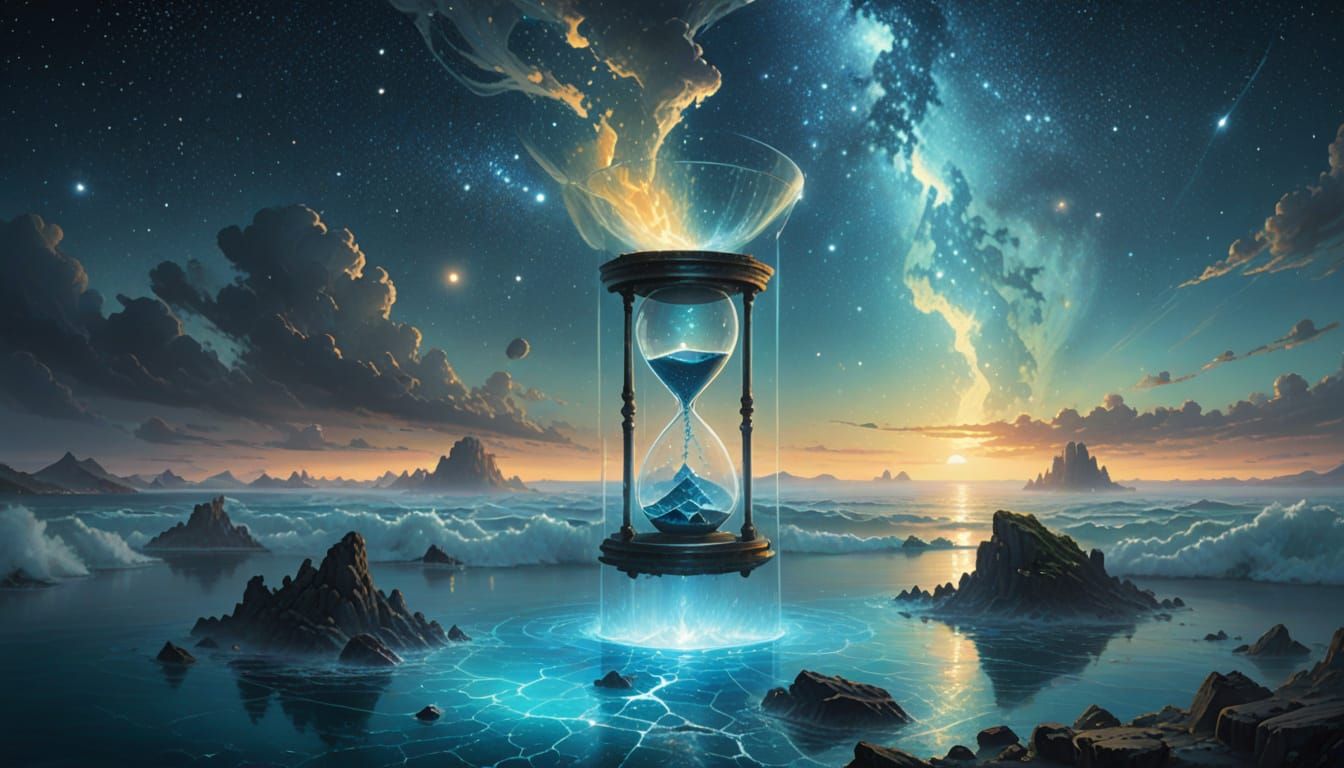 Giant Hourglass in Luminous Dreamscape Under Starlit Sky