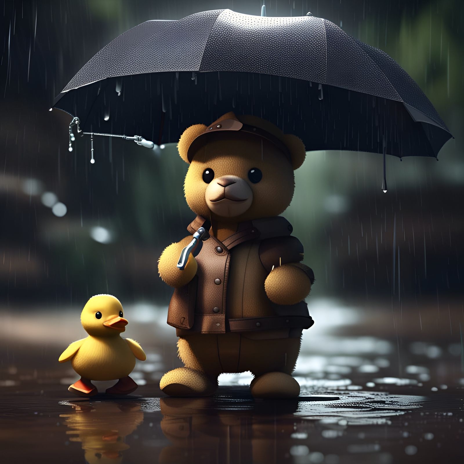 Teddy Bear Protects Duckling in Rainy 3D Render