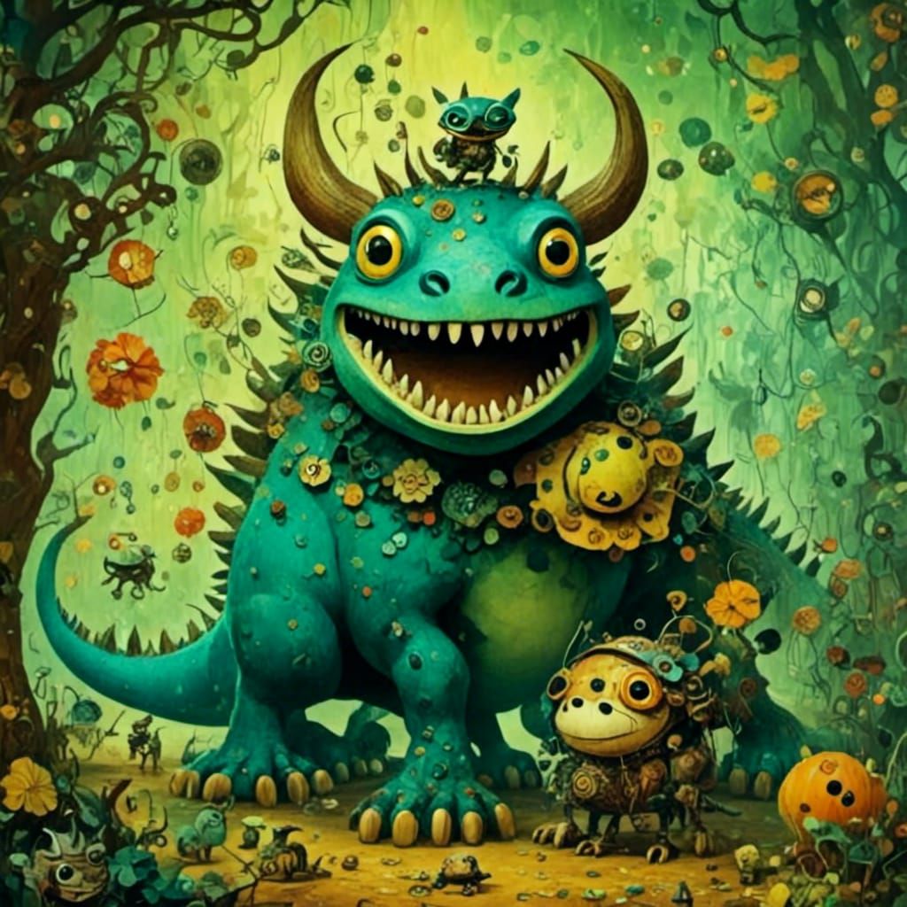 Surreal Giant Frogosaurus and Laughing Dwarf Rider