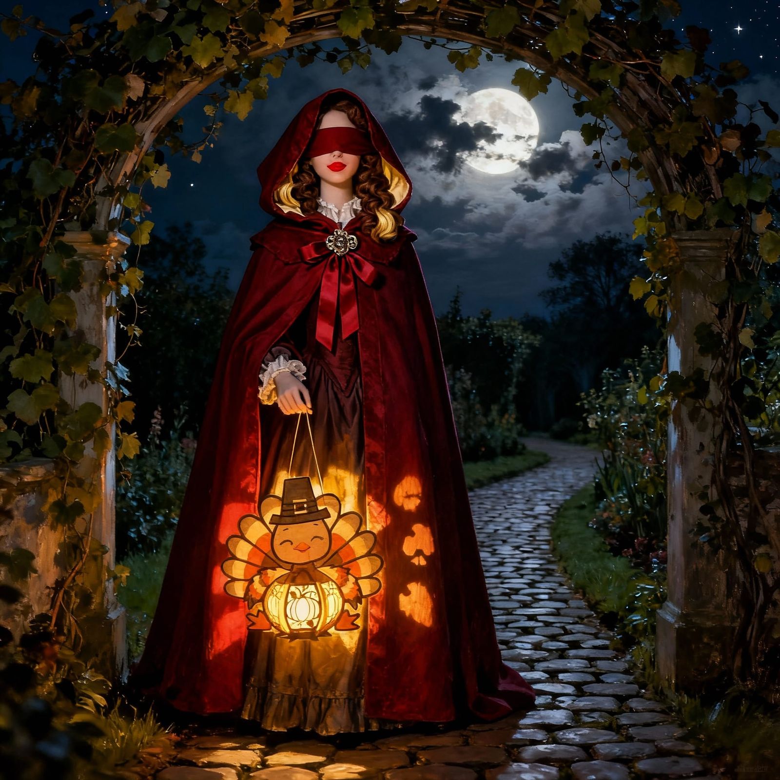 A woman in a deep red hooded cloak, styled like an 18th-cent...
