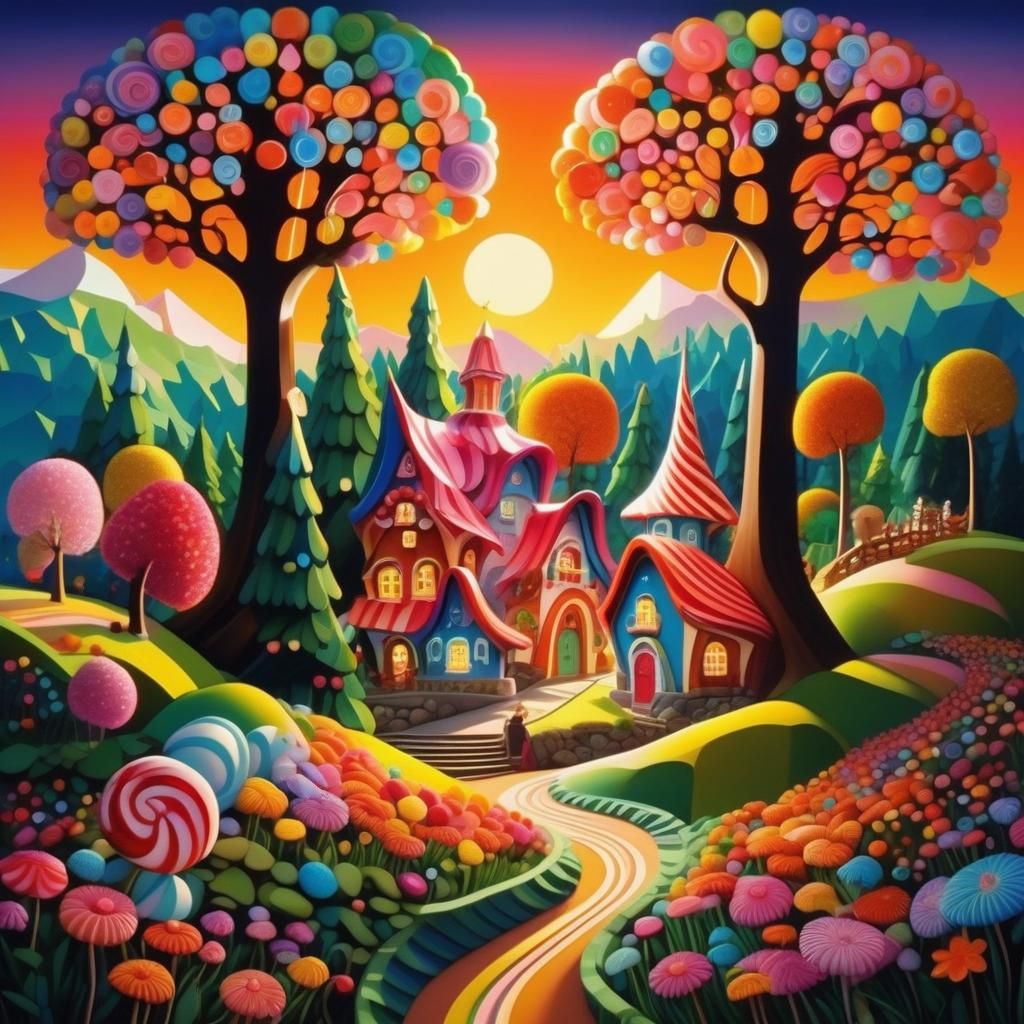 Enchanting Fairy Tale Village in Naive Art Style