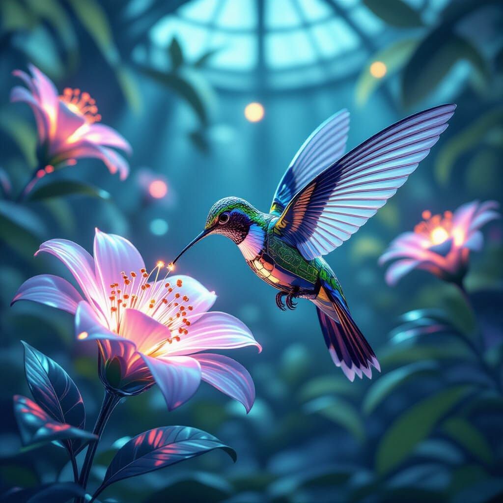 Mechanical Hummingbird Sipping Nectar in Utopian Greenhouse