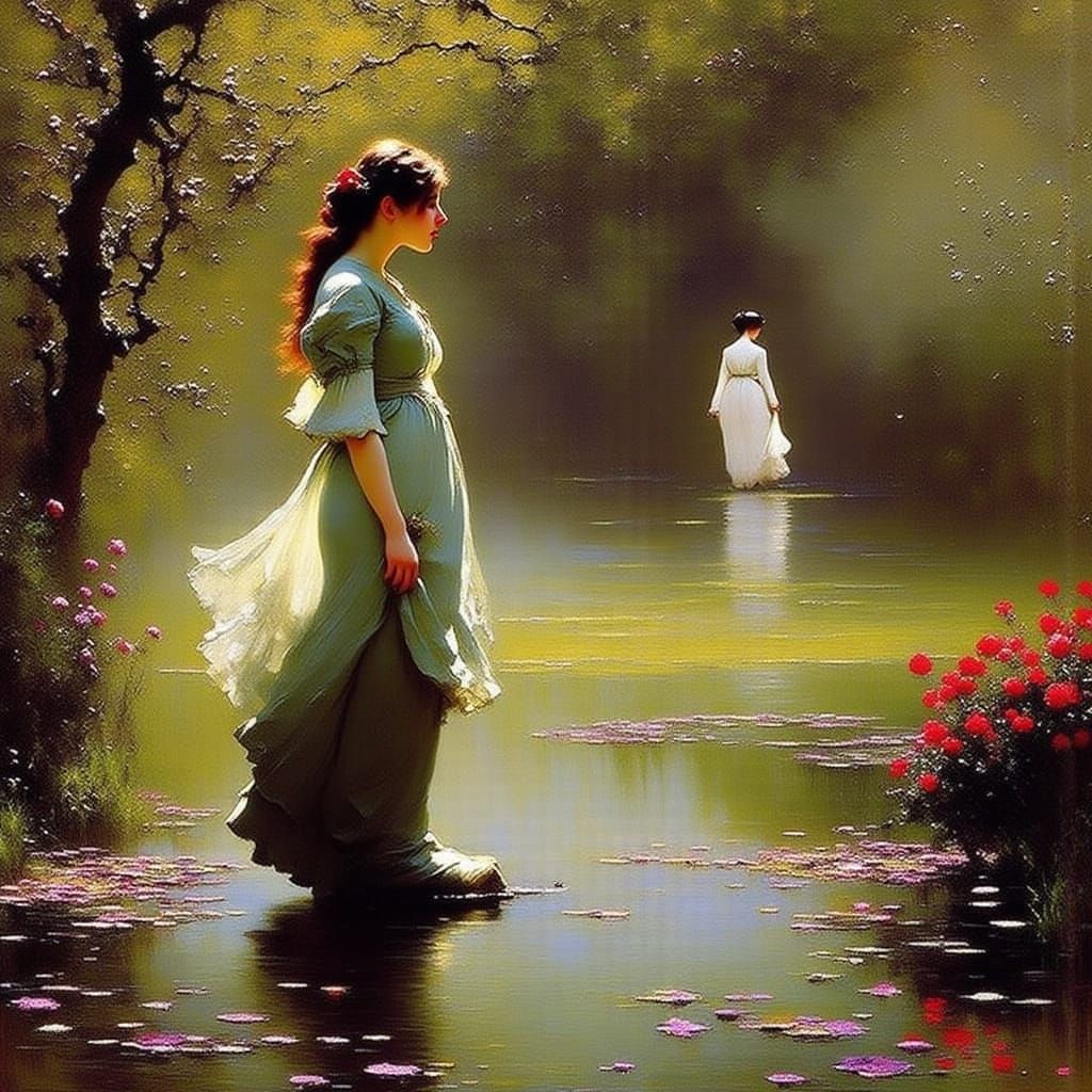 Woman in a Fabulous Garden, Modern Illustration