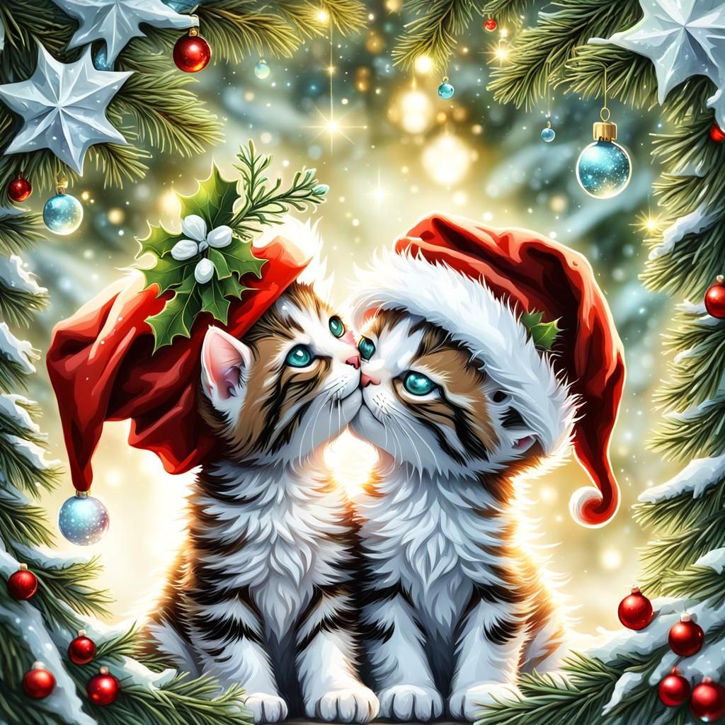 Two cute kittens in Christmas hats are kissing under the mis...