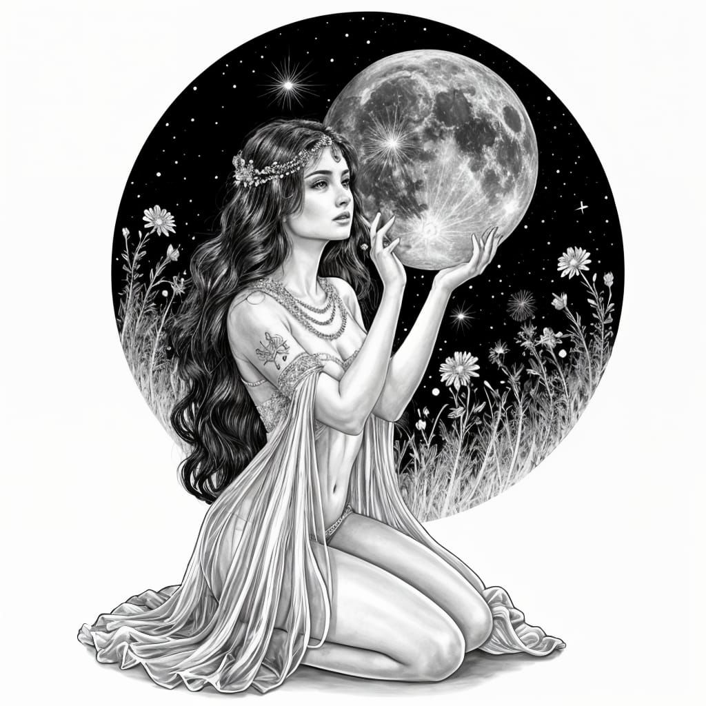 Goddess Tattoo Design: Woman with Moon and Flower Sky