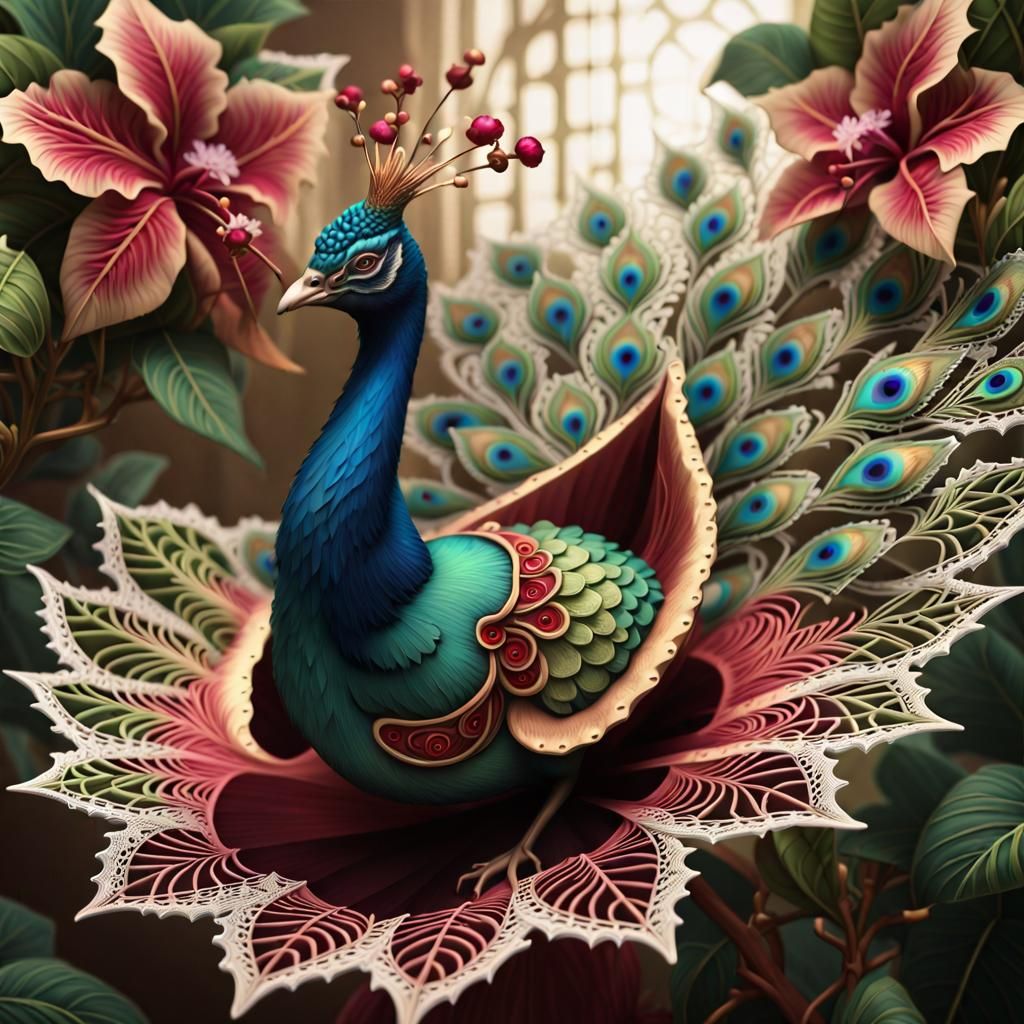 Peacock Witch in Futuristic Botanical Garden