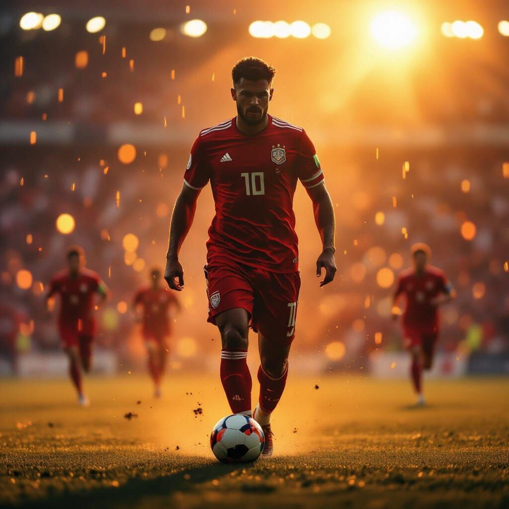 Footballer Double Exposure in Golden Hour Stadium