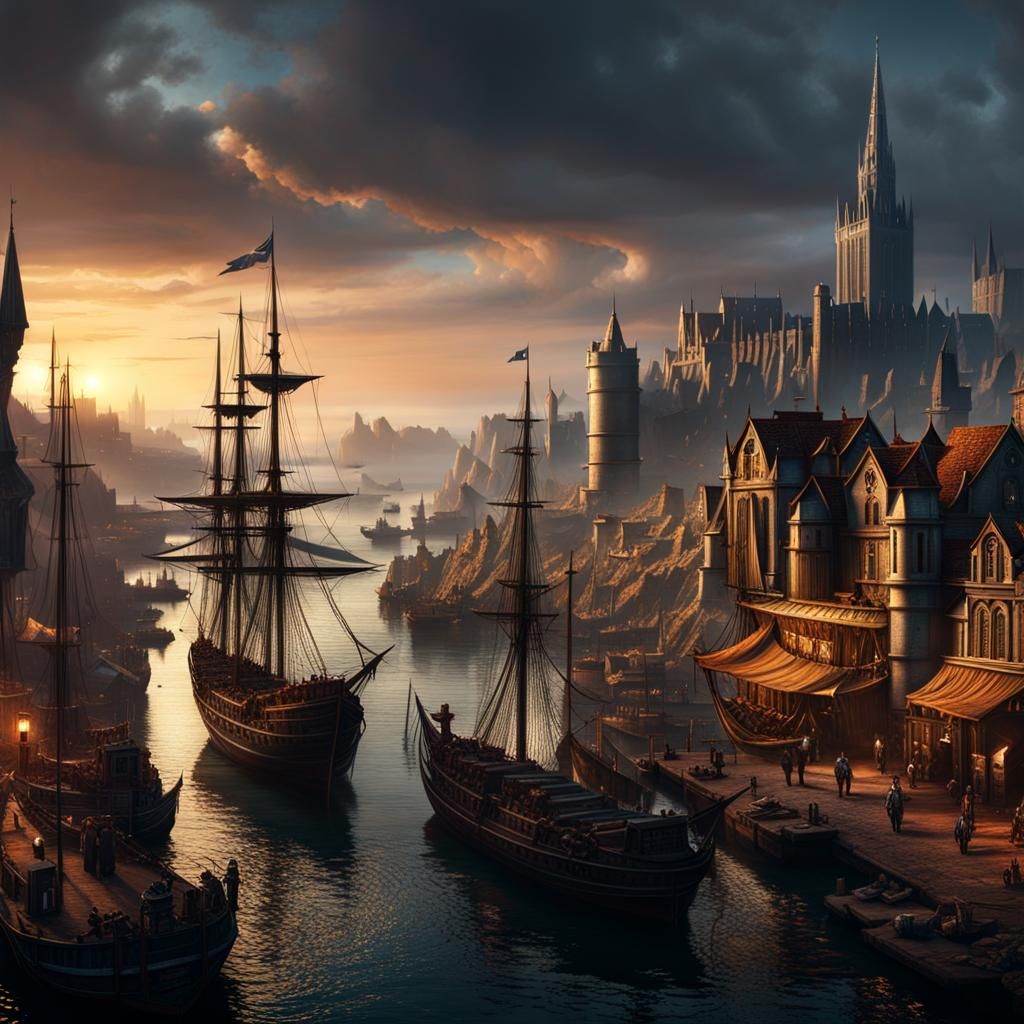 Dark Fantasy Metropolis Harbour Concept Art