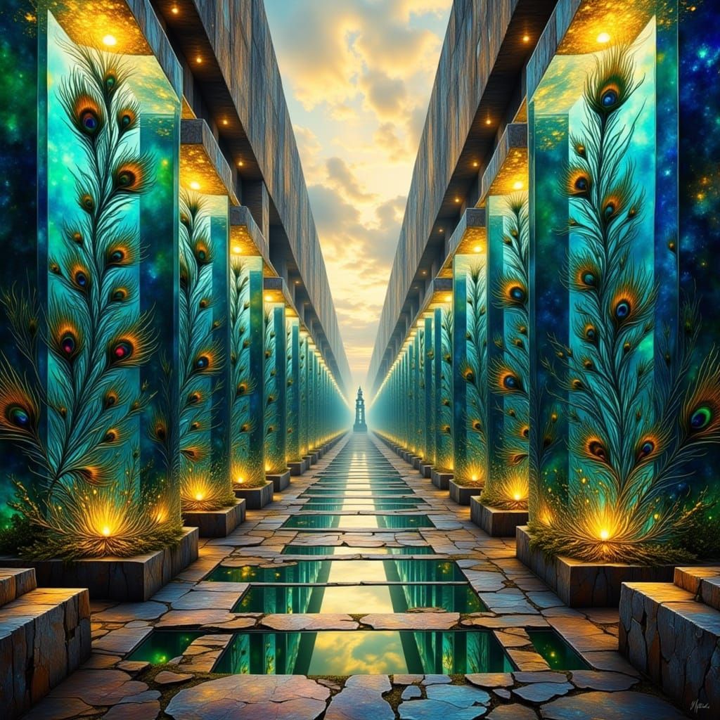Surreal Temple of Floating Peacock Feather Cubes