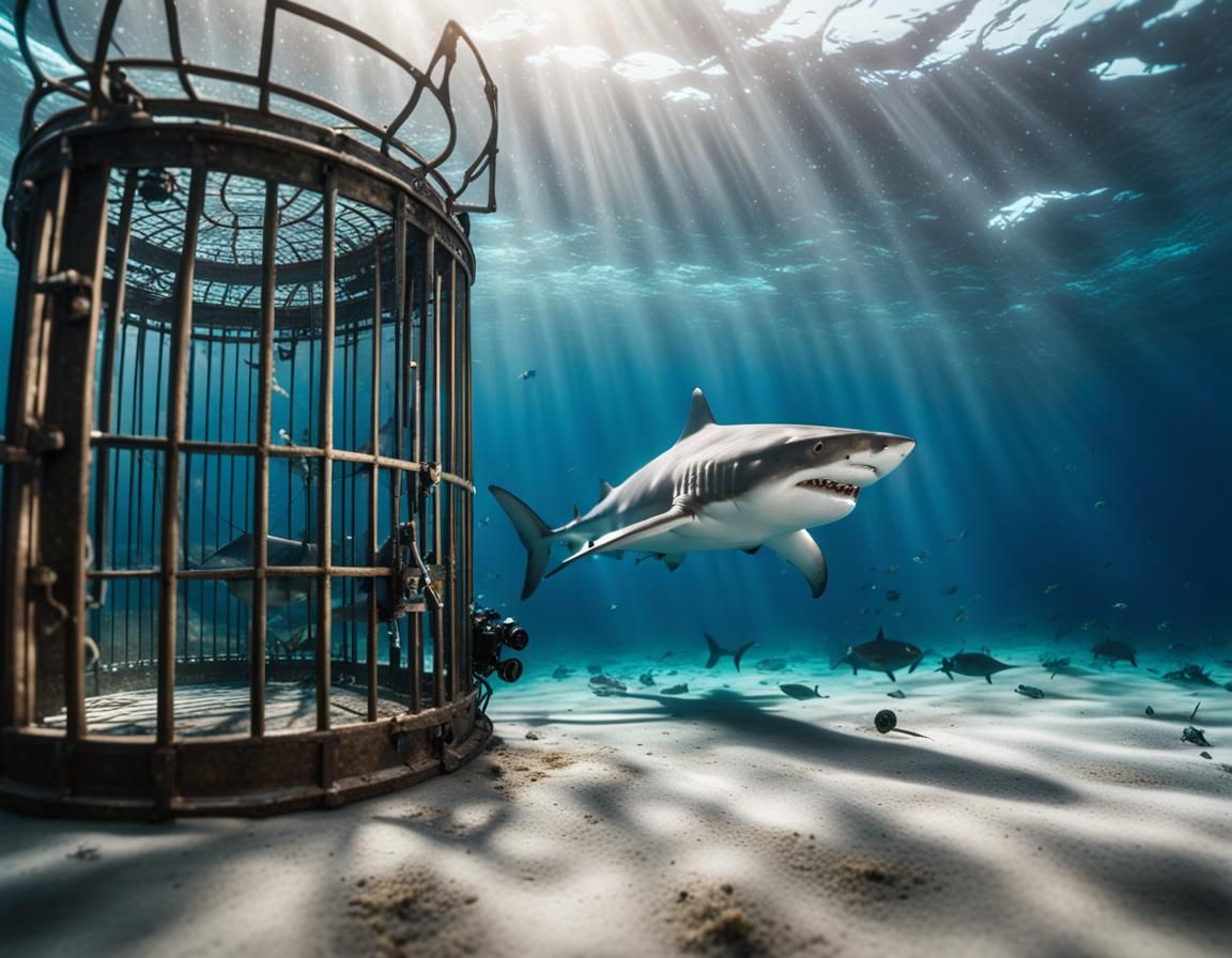 A shark is swimming around  a cage on the bottom of the ocea...