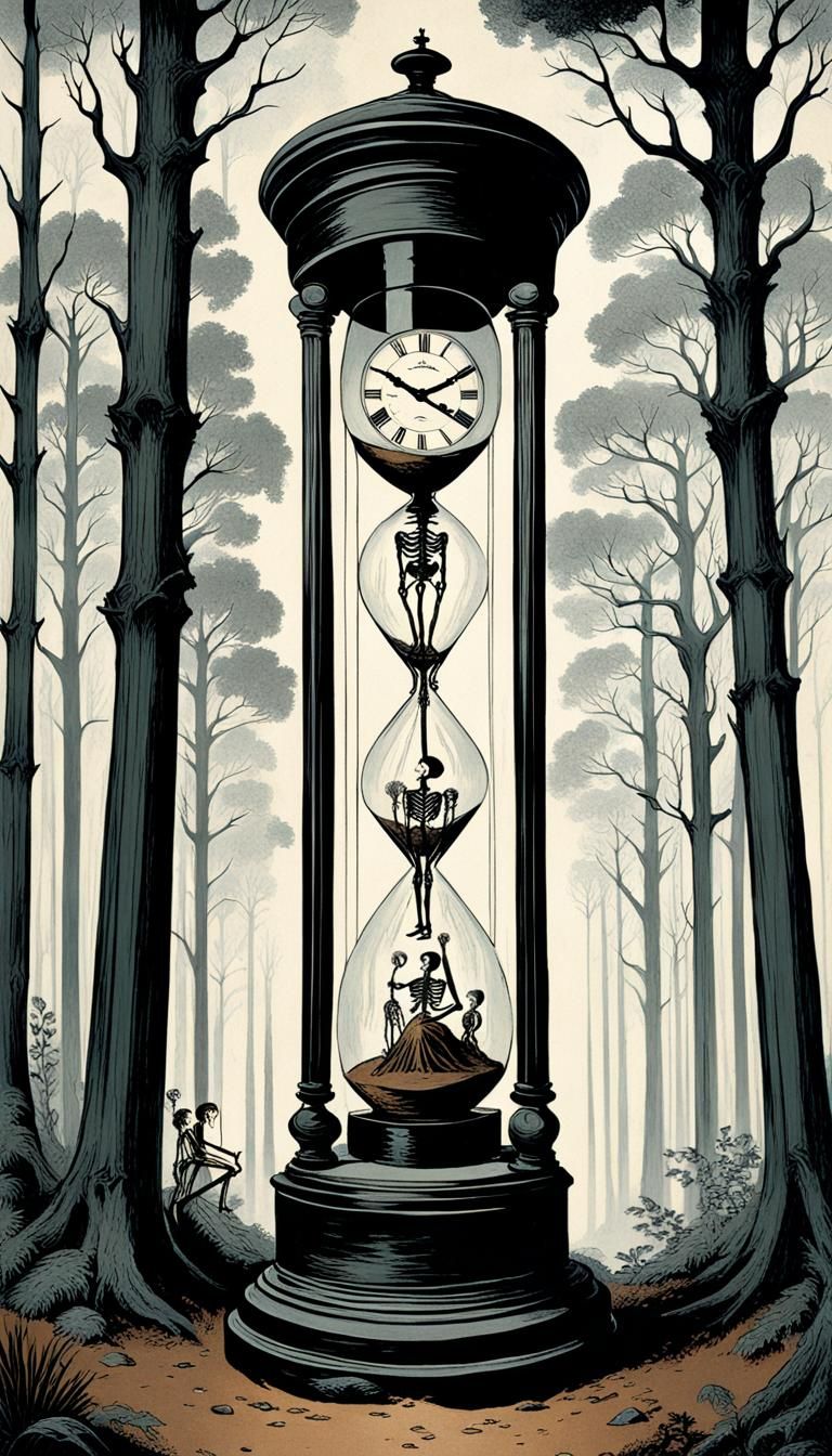 Hourglass of Life and Death in Forest Illustration