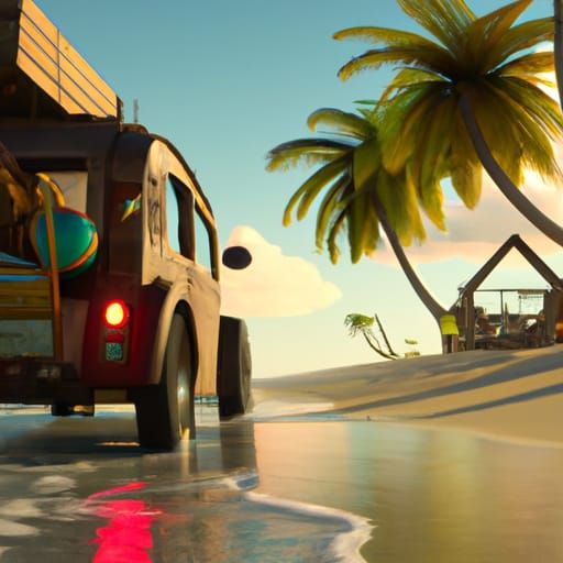 Woody Wagon Drives Past Beach in Fantasy Art Style