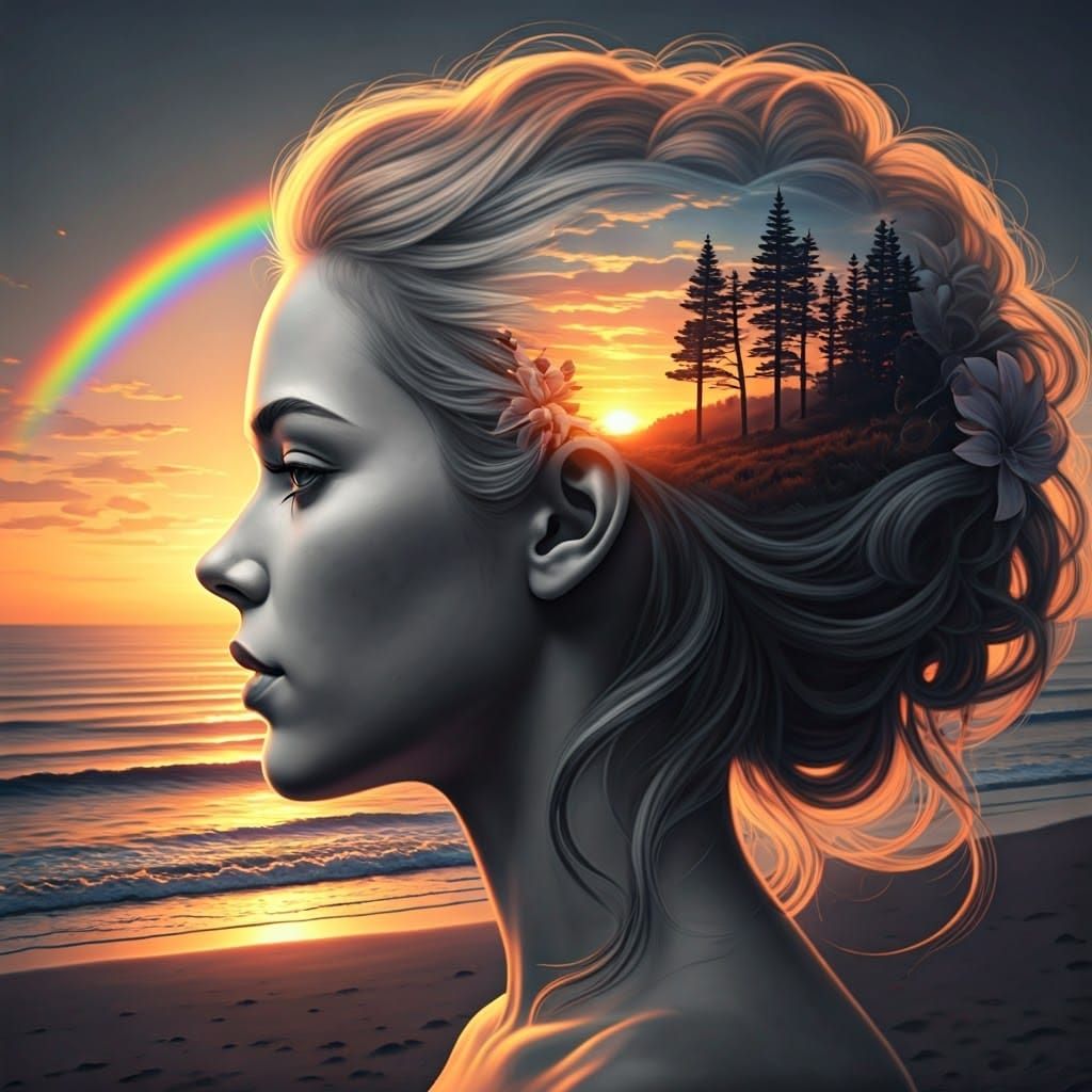 Surreal Landscape Merging with Woman's Profile