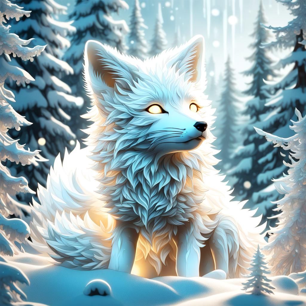 Luminous Fox Cub in Bioluminescent Winter Forest