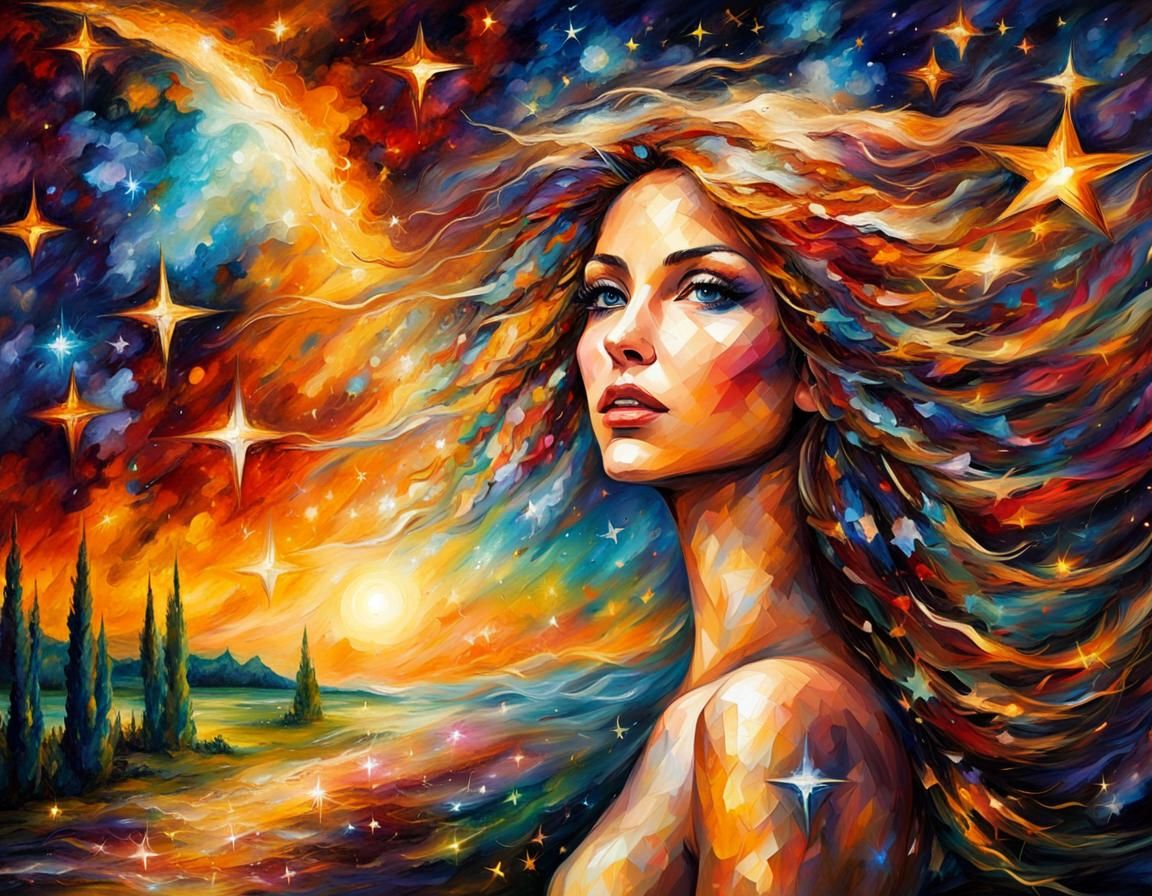 Star Goddess in Cosmic Landscape, Impasto Style