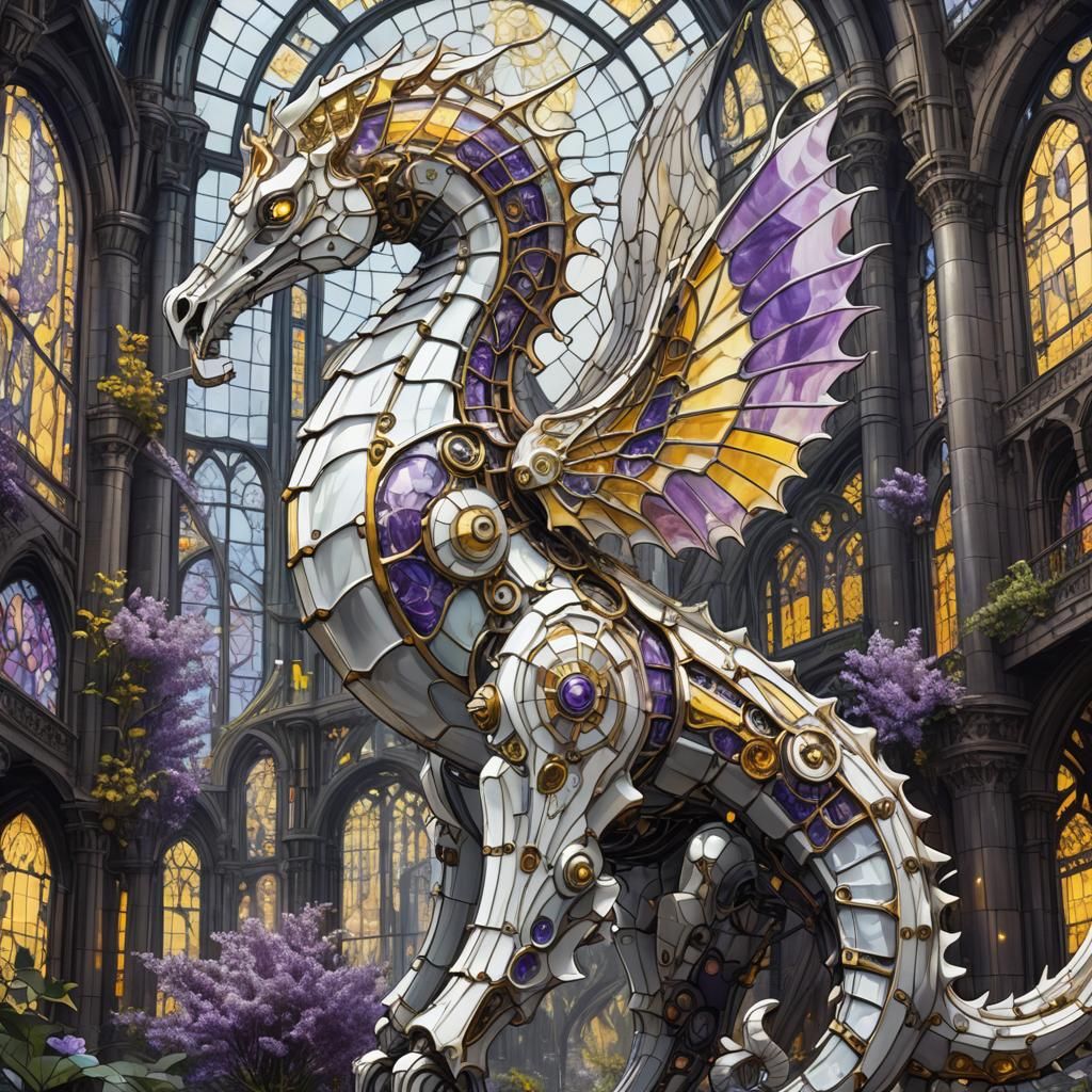 Biomechanical Seahorse Serpent with Stained Glass Wings