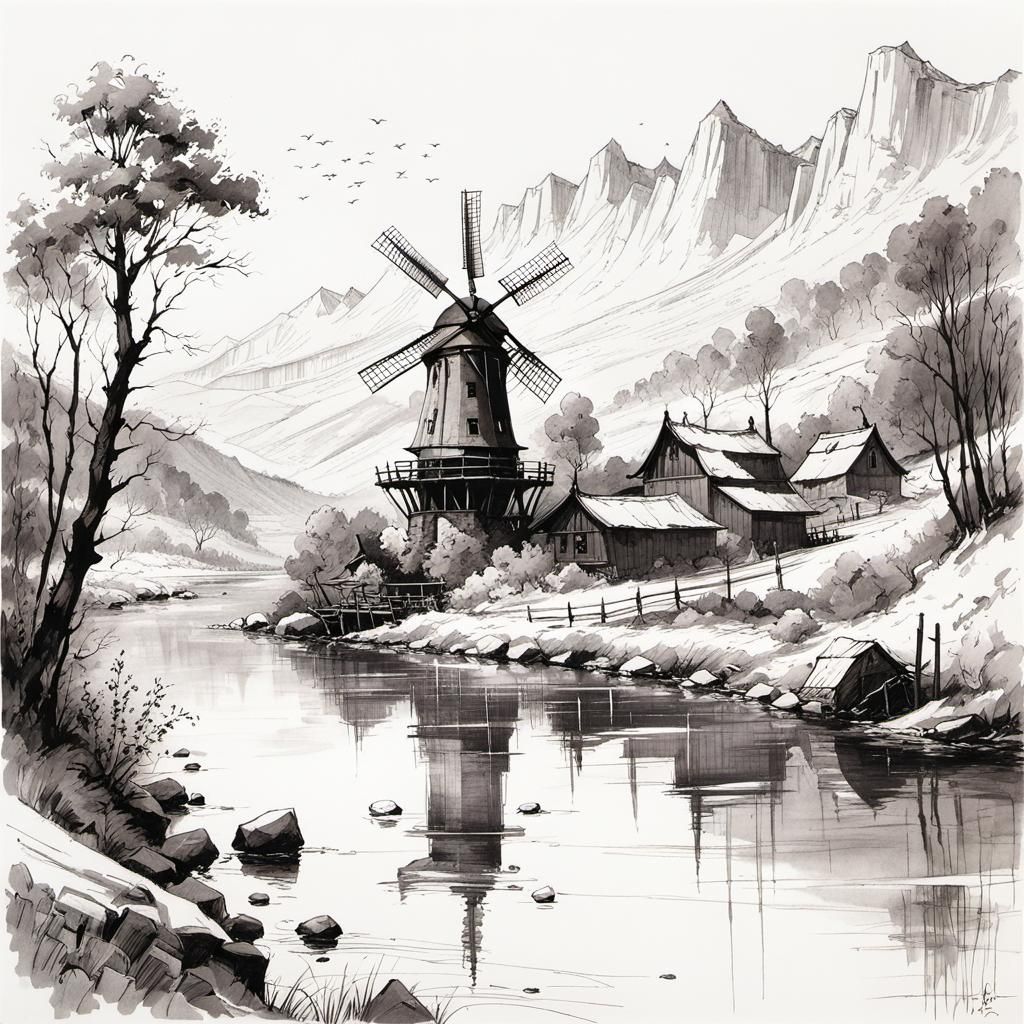 Rural Windmill Scene in Pen and Ink