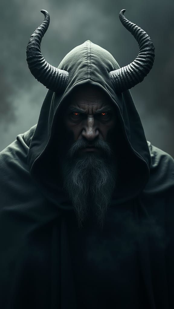 Hyper Realistic Horned Figure in Shadowed Hood