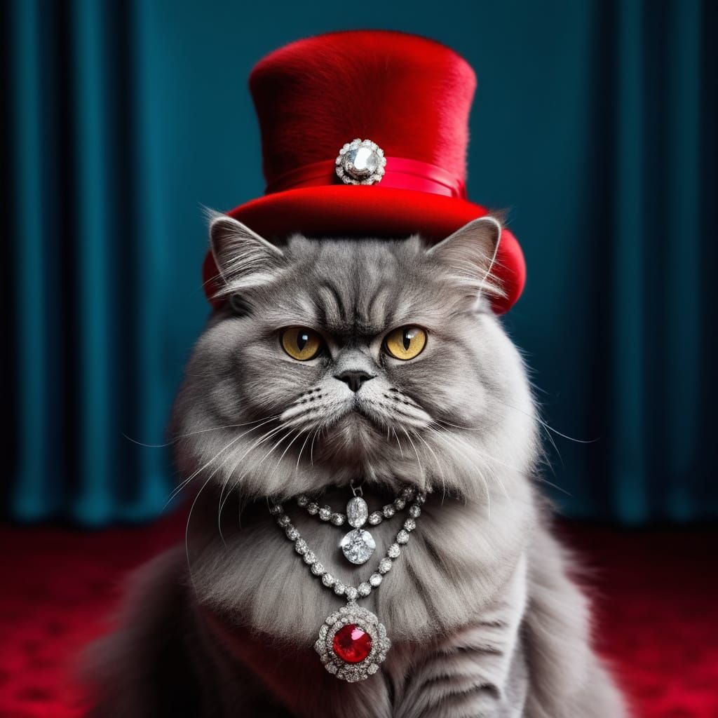 Glamorous Grey Persian Cat Struts Red Carpet in Diva Dress