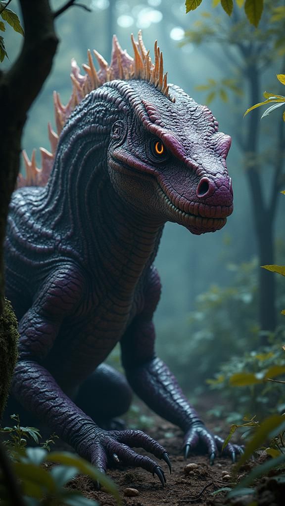 Giant Reptilian Serpent-Dinosaur in Dark Forest