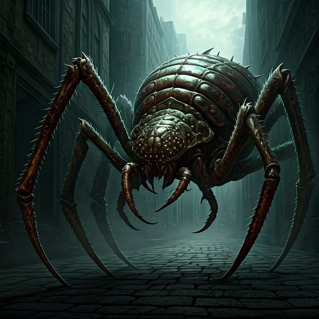 Monstrous Spider-Mantis Hybrid in Dark Alley