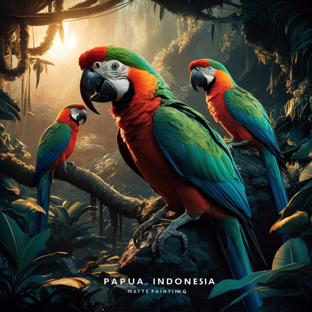 Rare Papua Parrots in a Golden Jungle Landscape
