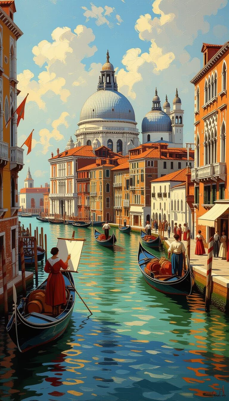 Venetian Canal Scene with Artists in Baroque Light