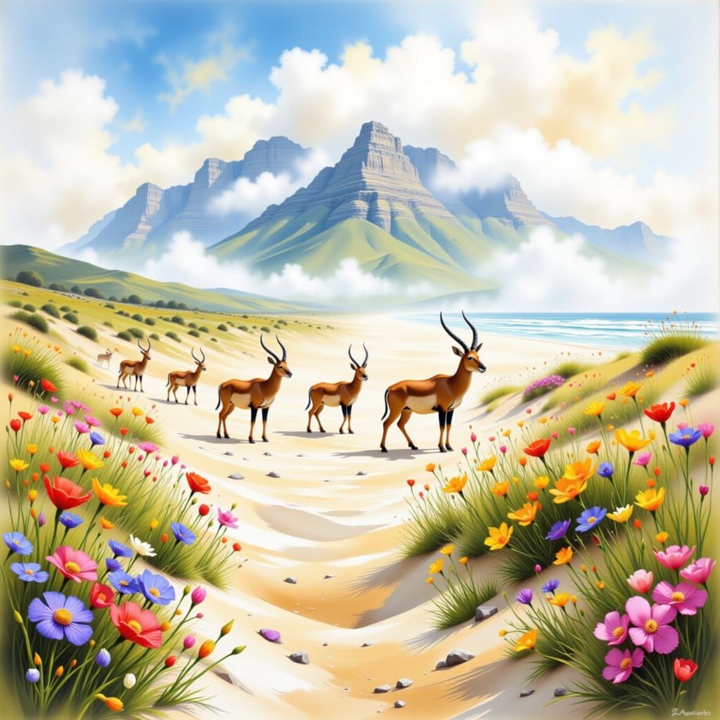 Antelope on Beach at Sunrise, Table Mountain View