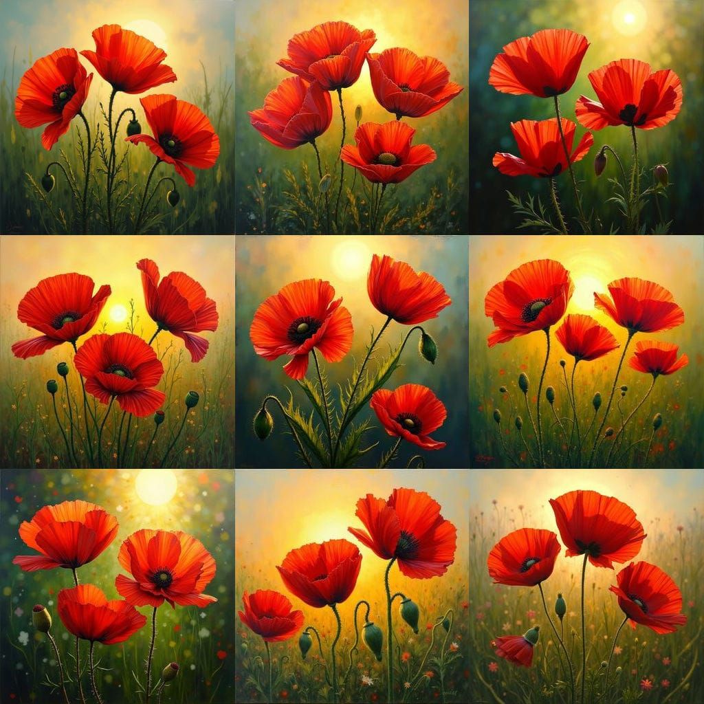 Vibrant Red Poppies Illuminated by Sunlight, Oil Painting St...