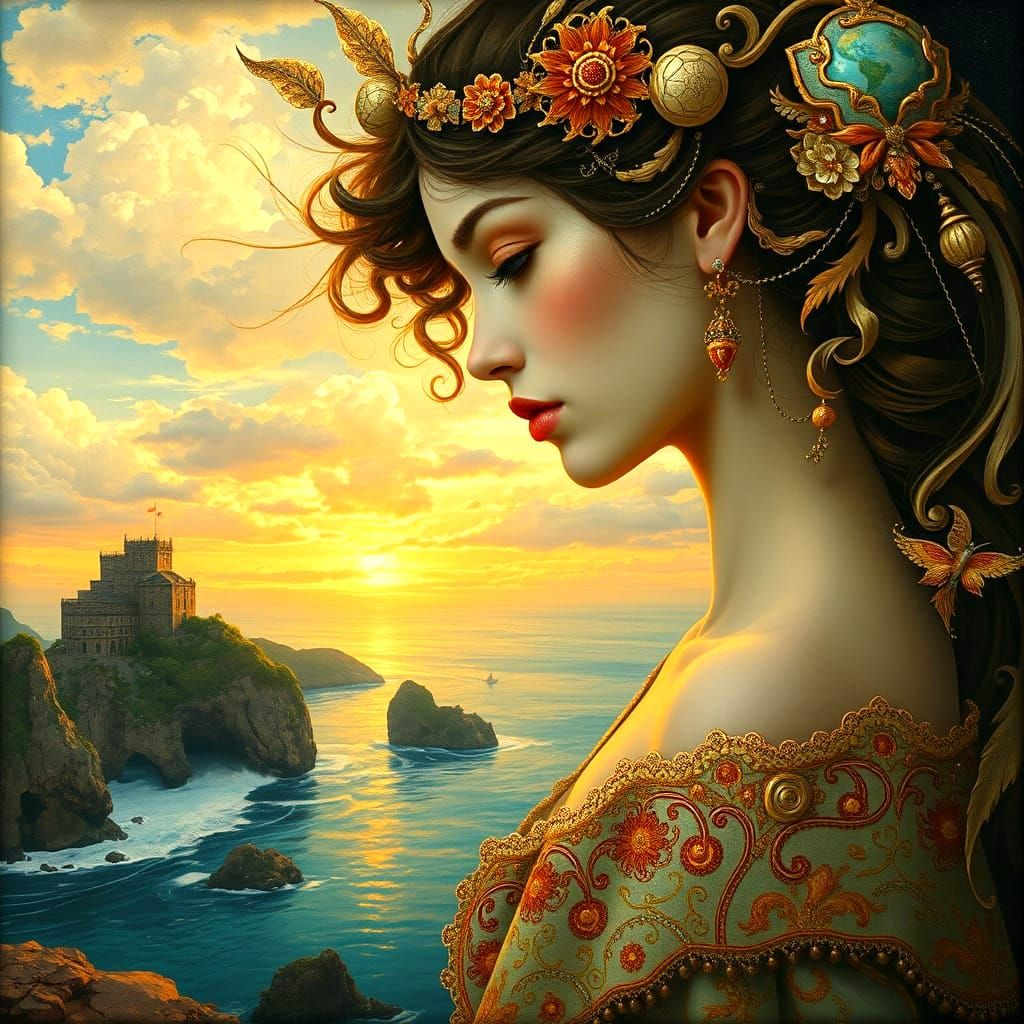 Ethereal Art Nouveau Goddess in Cosmic Seascape