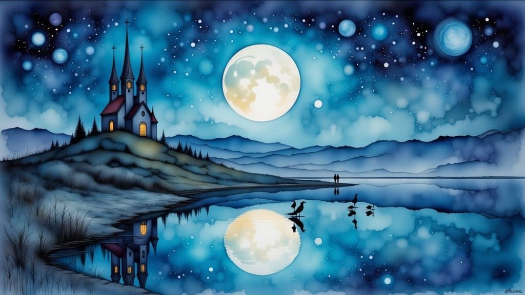 Surreal Chapel by Lake Under Textured Sky, Impasto Style