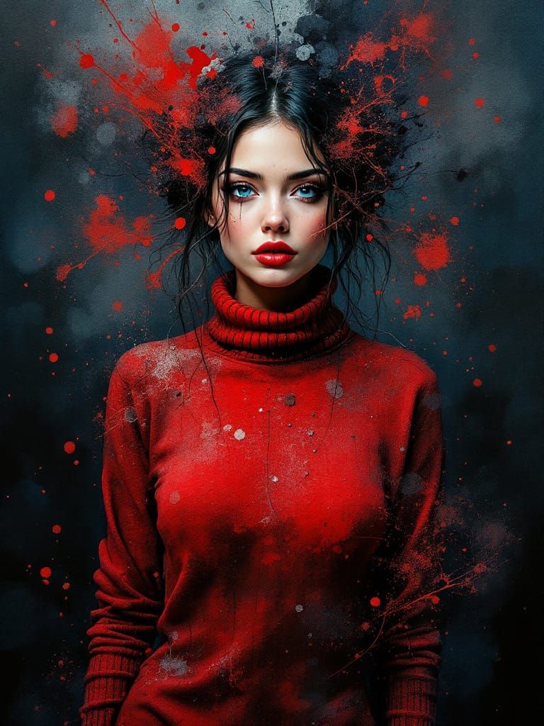 Surreal Eyes Pierce Crimson Mist in Watercolor Style