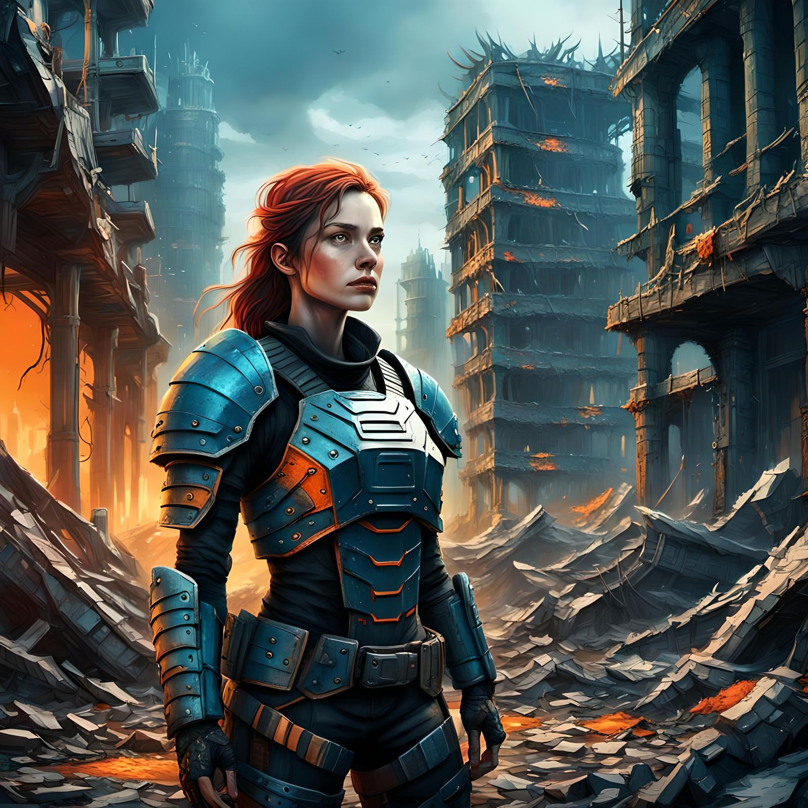 (masterpiece, high resolution, post-apocalyptic art:1.3), a beautiful middle-aged woman clad in unique armor crafted fro...