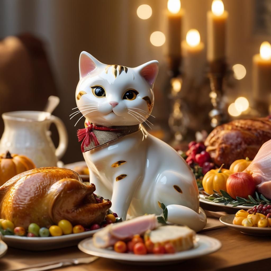 Porcelain Cat at Thanksgiving Feast: Still Life