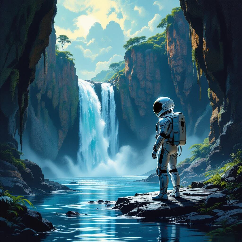 Retro Astronaut Discovers Alien Waterfall in Chrome and Obsi...
