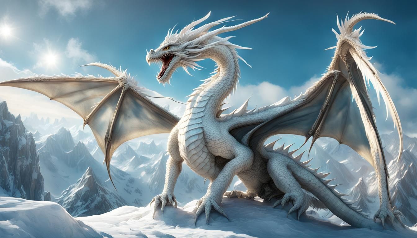 White Dragon on Frozen Mountain, Dark Fantasy Art