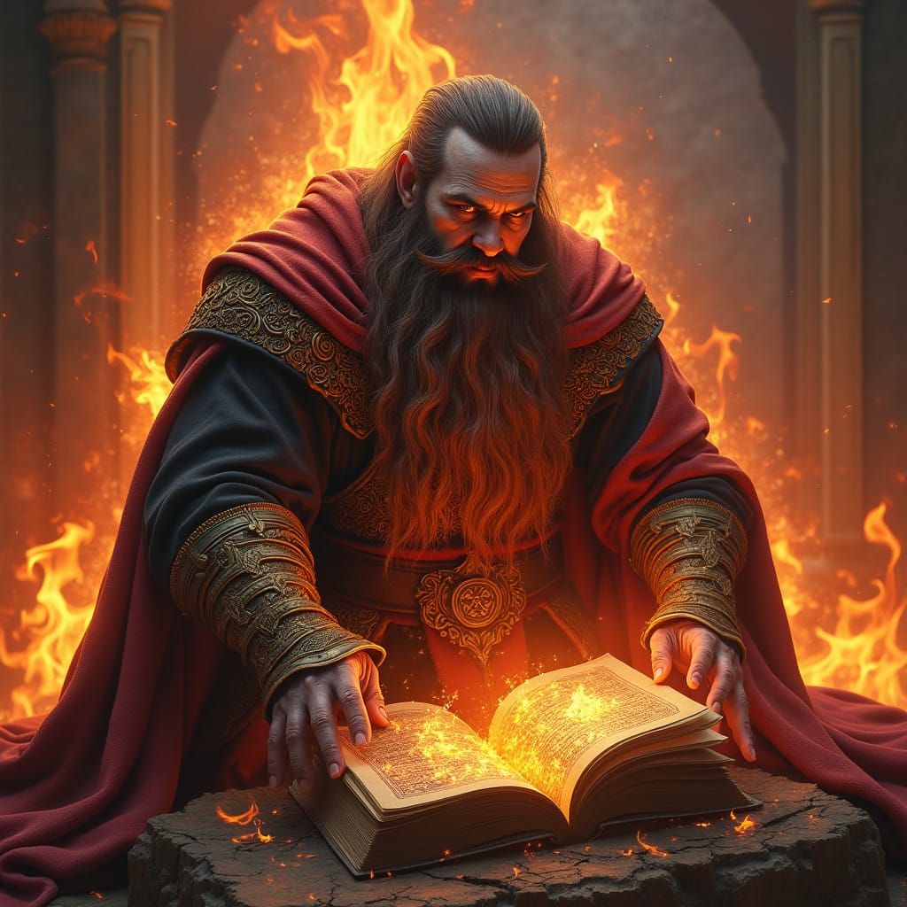 Dwarven Pyromancer Amidst Blazing Flames and Ancient Tomes