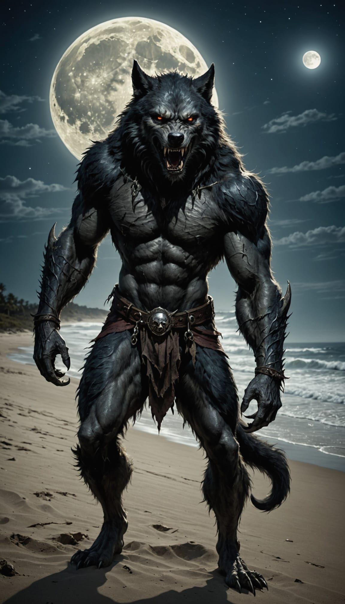 Moonlit Werewolf on a Dark Beach