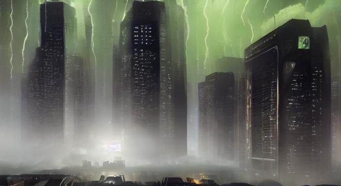 Cyberpunk Thunderstorm Landscape with Volumetric Lighting