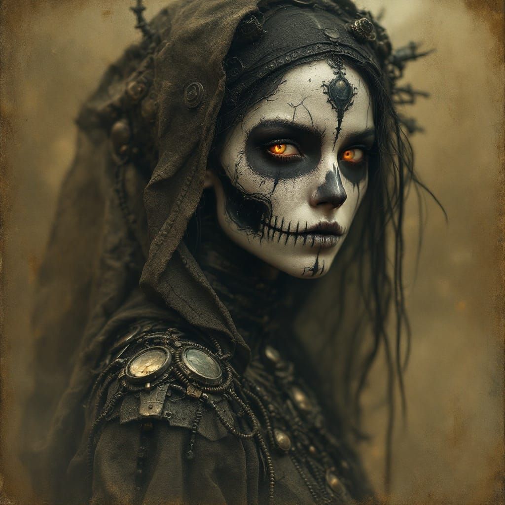 A figure clad in cinders and steel.. Her breath no longer fogs glass. Her footsteps leave no echo.